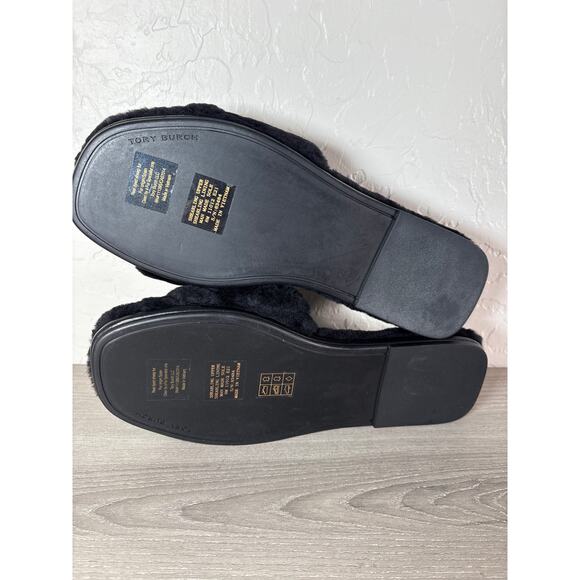 Tory Burch Black/Gold Double T Shearling Slide Slippers 8 M Leather Logo NIB - Picture 6 of 7